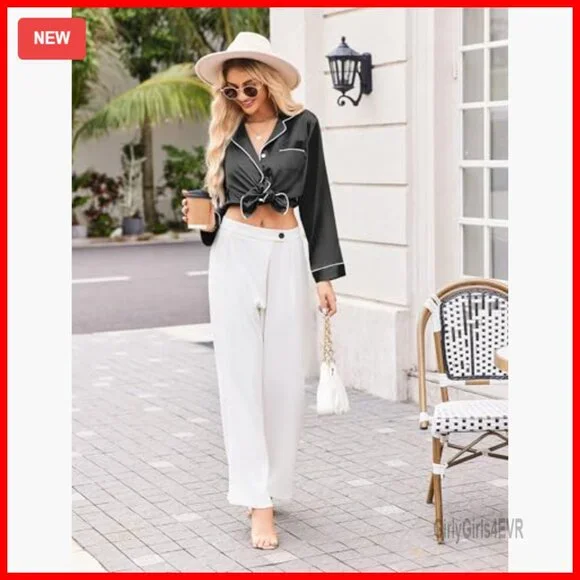 Long Sleeve Satin Pajama Set Classic Button Down Lounge Wear